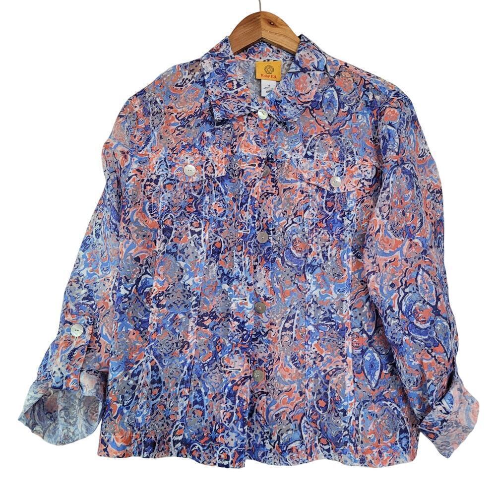 Ruby Rd. Womens Button-Up Top Size 14 Blue Floral Rayon Long Sleeves Collared
